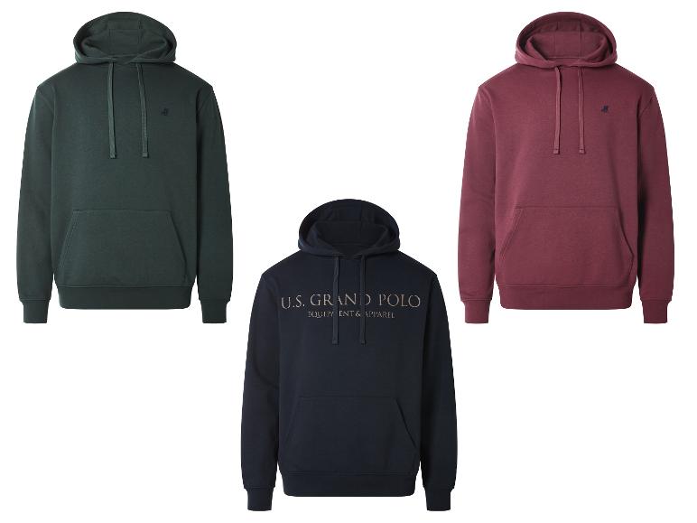 Trois sweats à capuche : un vert foncé, un bleu marine avec 'U.S. GRAND POLO', et un bordeaux.