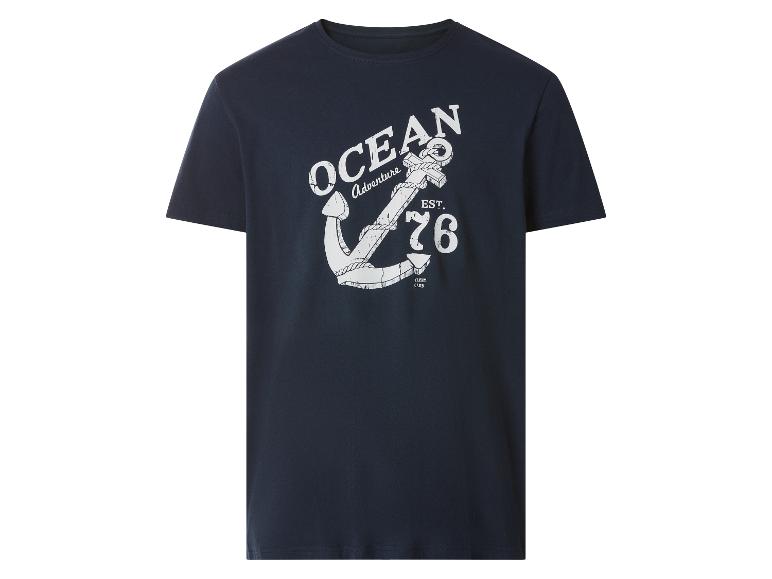 T-shirt bleu marine pour homme avec un motif d'ancre et l'inscription 'OCEAN Adventure EST. 76'.