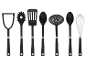 Ensemble d'ustensiles de cuisine SilverCrest : écraseur à pommes de terre, serveur à spaghetti, spatule, cuillère, écumoire et fouet.