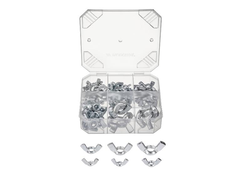 Une boîte en plastique transparente remplie de divers écrous à oreilles de Blackside.