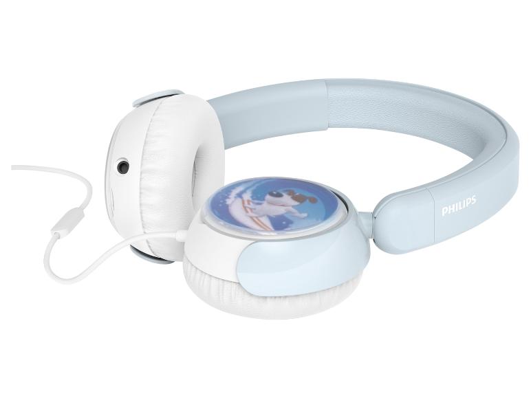 Casque audio pour enfants bleu clair et blanc avec un motif de chien surfeur.