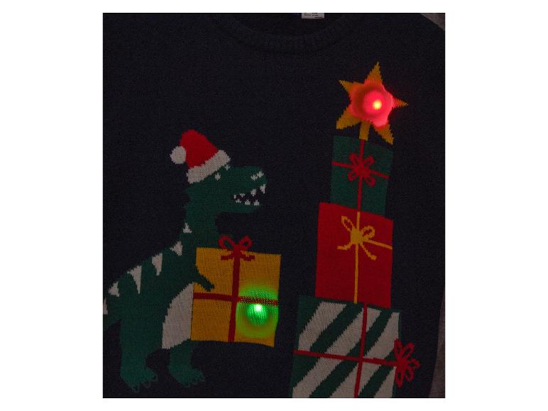 Pull de Noël avec dinosaure, cadeaux et lumières LED.