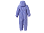 Combinaison de neige violette pour enfants avec capuche et poignets élastiques, vue arrière.