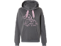 Sweat à capuche gris avec cordons roses, avec un dessin de faon rose et le mot « Bambi ».