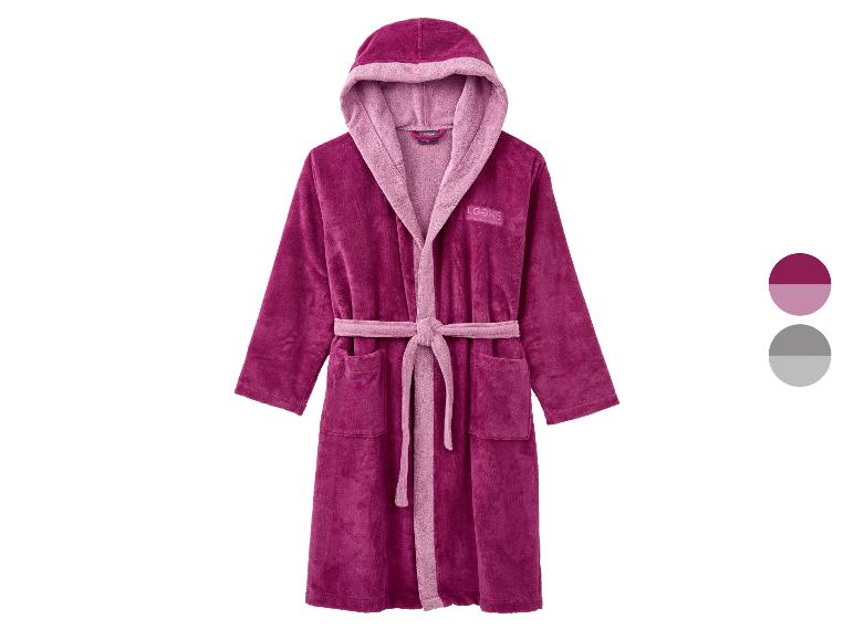 Peignoir à capuche violet et rose avec ceinture, poches et inscription 'LOOKS'.