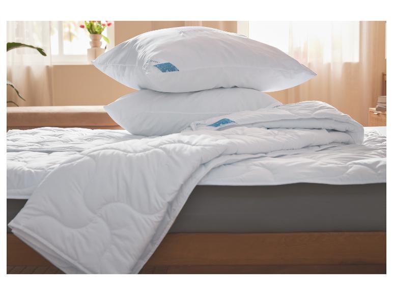 Des oreillers et une couette blancs sont rangés sur un lit.