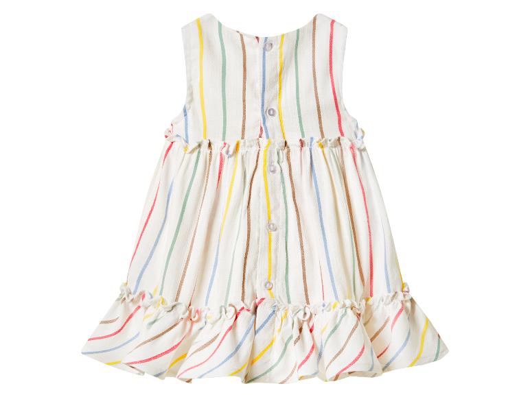 Robe rayée pour fille avec des rayures colorées, des volants et des boutons au dos.