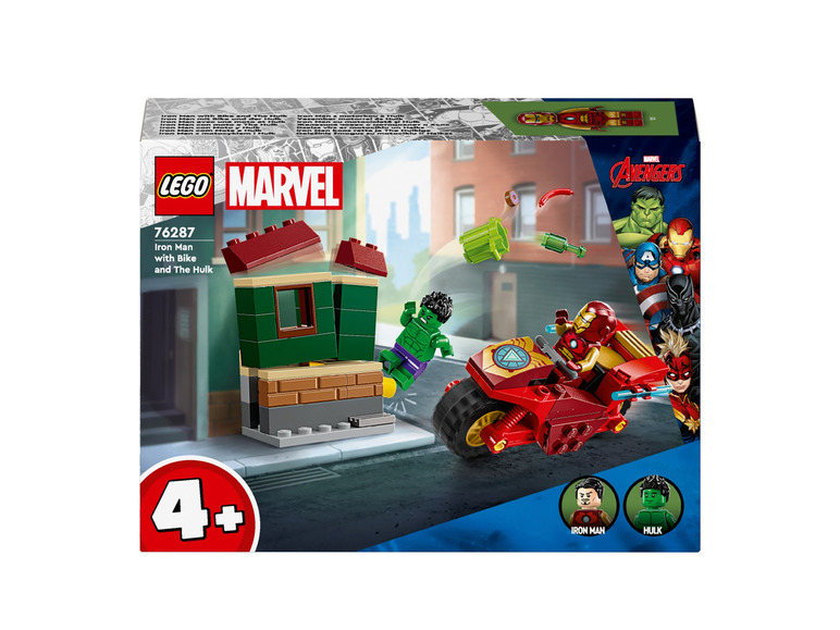 Ensemble Lego Marvel avec Iron Man sur une moto et Hulk.