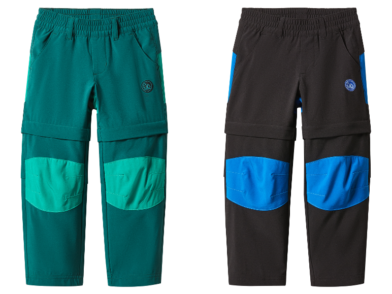 Deux pantalons convertibles pour enfants, un bleu-vert et un noir, avec des détails bleus.