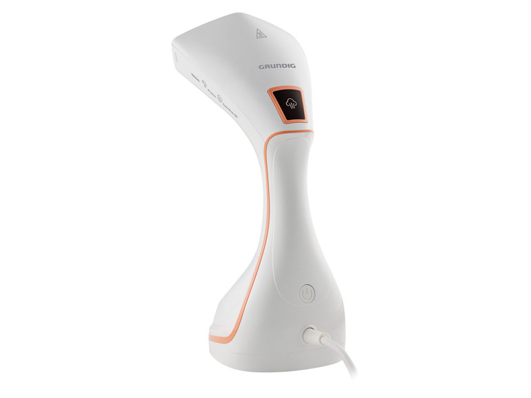 Fer à repasser à vapeur Grundig blanc avec des accents orange.