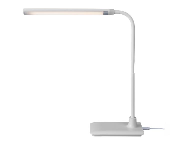 Lampe de bureau LED blanche avec bras flexible et base rectangulaire.