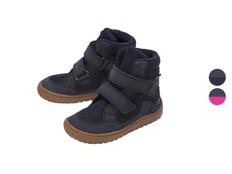 Chaussures enfant bleu foncé à scratch avec semelles marron et options de couleur