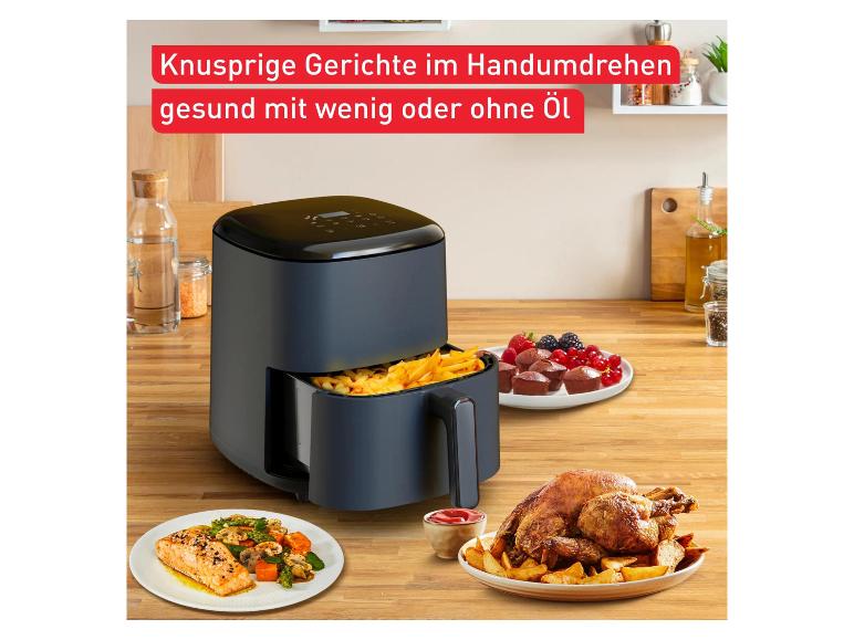 Friteuse à air chaud avec frites, poulet rôti, saumon et desserts. Texte: 'Plats croustillants en un clin d'œil, sains avec peu ou pas d'huile'