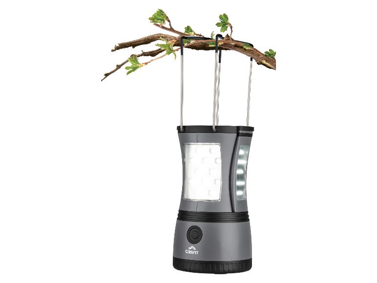 Lanterne de camping LED grise suspendue à une branche avec de jeunes feuilles.