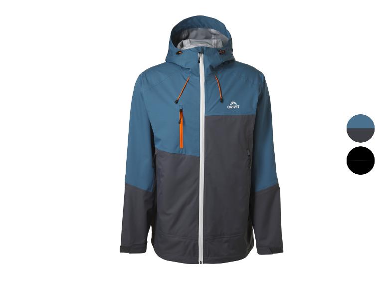 Veste d'extérieur pour homme en bleu et gris foncé avec des détails orange.