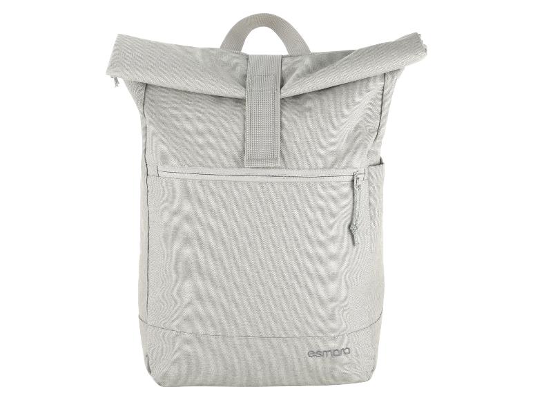 Sac à dos roll-top gris clair avec poche avant zippée et poignée supérieure.