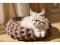 Un chat duveteux se reposant dans un panier pour animaux en tricot marron.