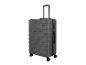 Valise grise à roulettes avec poignée télescopique et serrure à combinaison.