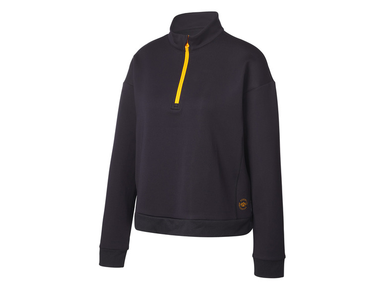 Un sweat-shirt noir Essential Collective avec une fermeture éclair jaune.