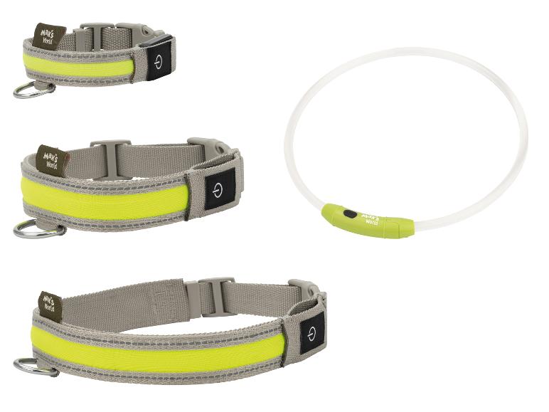 Deux colliers pour chiens gris réfléchissants et un collier lumineux blanc.