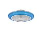 Ventilateur de plafond avec éclairage LED bleu et grille blanche.