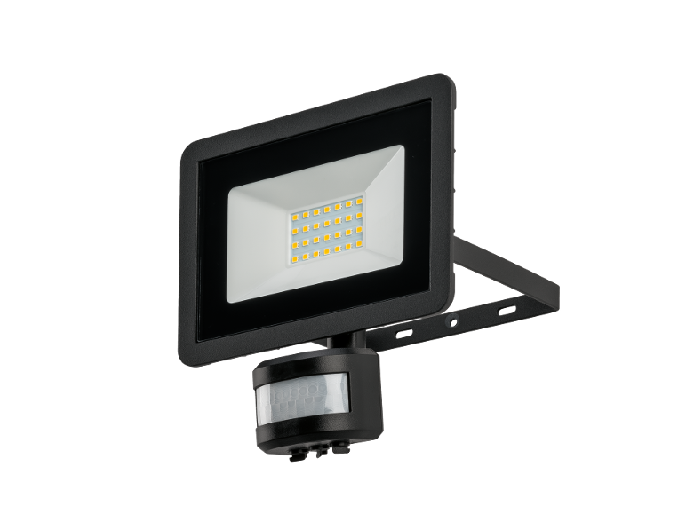 Projecteur LED avec détecteur de mouvement, noir, panneau lumineux blanc avec LED jaunes.