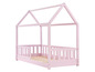Un lit en bois rose avec un dais en forme de maison.