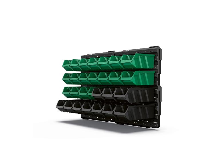 Panneau de rangement mural PARKSIDE avec bacs de rangement verts et noirs.