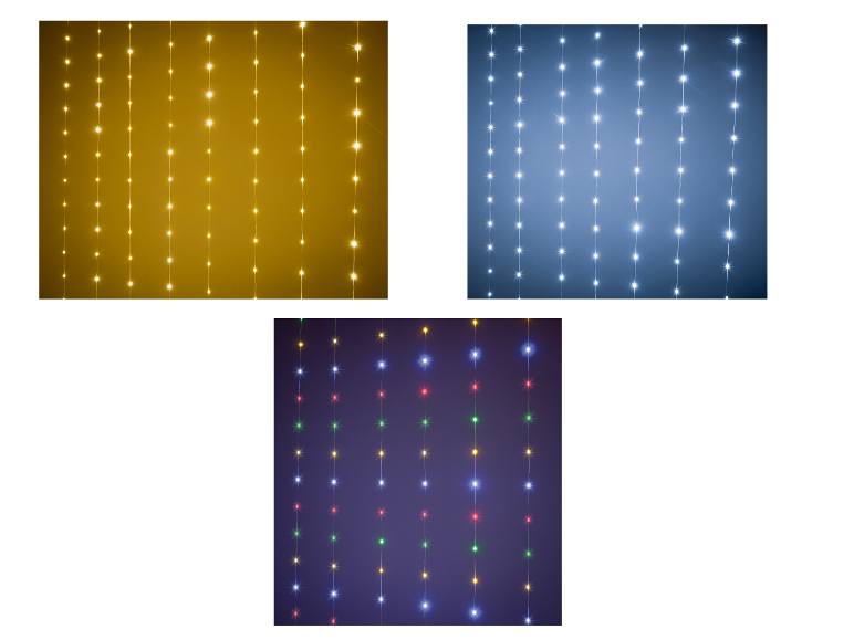 Guirlandes lumineuses LED en or, blanc froid et multicolore.