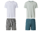 Pyjamas homme : t-shirt blanc col V et short rayé, t-shirt vert clair avec poche et short bleu marine.
