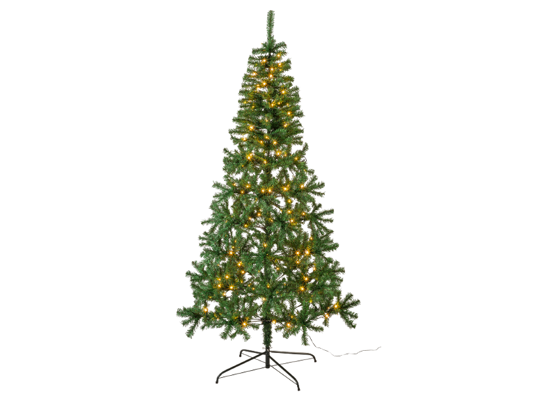 Sapin de Noël artificiel vert avec lumières LED chaudes, sur fond noir.