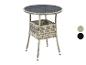 Table de bar ronde en rotin avec plateau en verre et étagère, en gris et noir.