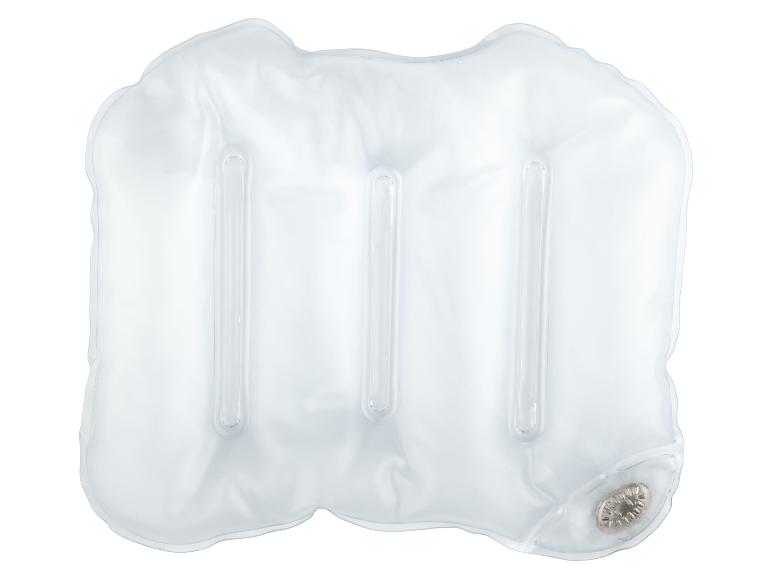 Oreiller gonflable transparent et rectangulaire avec trois compartiments verticaux et une valve.