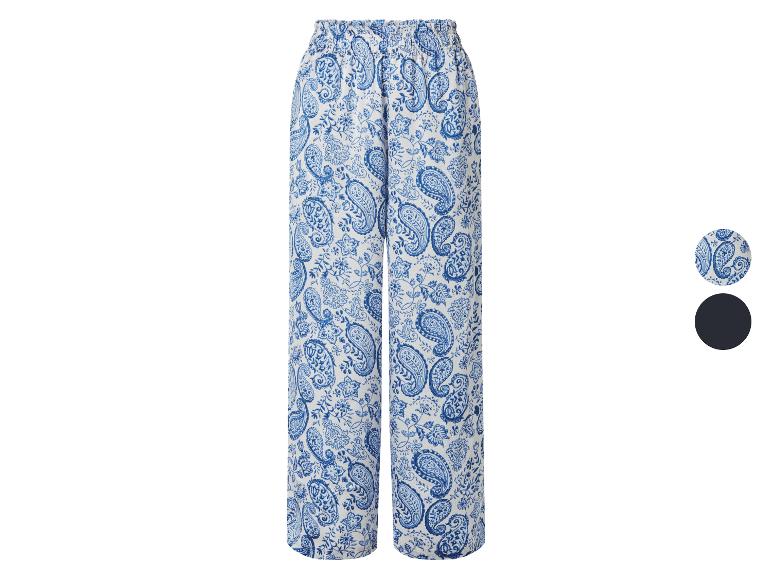 Pantalon large à imprimé cachemire bleu et blanc avec taille élastiquée.