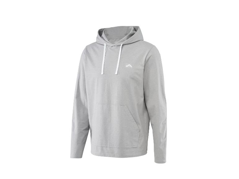 Sweat à capuche gris avec cordons blancs et un petit logo blanc sur la poitrine.