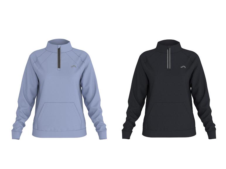 Sweat-shirt thermique femme CRIVIT en bleu clair et bleu foncé avec fermeture éclair.
