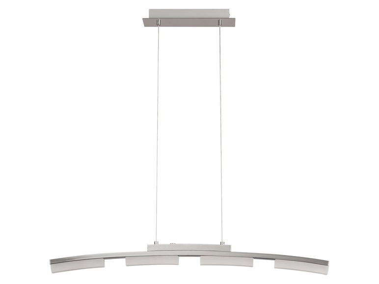 Suspension moderne avec un luminaire incurvé et cinq points lumineux.