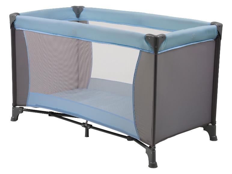 Lit de voyage bleu et gris pour bébé avec parois en filet