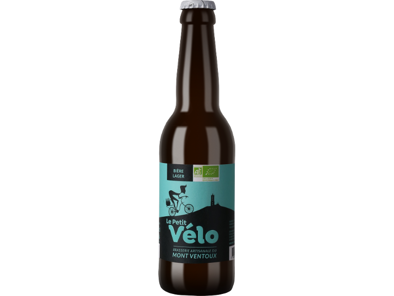 Bouteille de bière blonde bio avec l'illustration d'un cycliste sur l'étiquette.