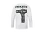 T-shirt blanc à manches longues pour homme avec impression de perceuse au dos