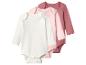 Trois bodys bébé: blanc, rose et rose foncé, à manches longues.