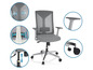 Un fauteuil de bureau gris avec un dossier en mesh, des accoudoirs réglables et des roulettes.