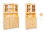 Un buffet en bois avec des portes en verre et des tiroirs.