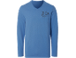 T-shirt bleu à manches longues avec col en V et motif 'Coffee Club Everyday'.