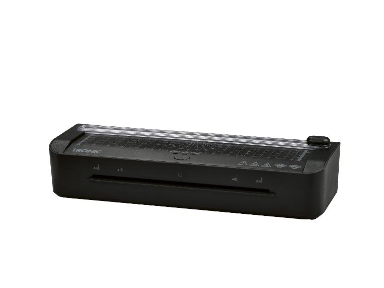 Plastifieuse noire avec coupe-papier intégré et marquages pour formats de papier A4 et A5.