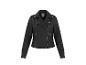 Blouson de motard en cuir noir avec fermetures éclair et boutons-pression argentés.