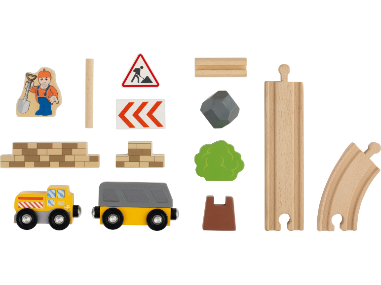 Ensemble de jouets de chantier en bois avec rails de train, véhicules, figurine d'ouvrier et panneaux.