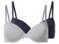 Deux soutiens-gorge, un gris clair et un bleu foncé, avec bretelles ajustables.