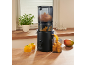 Extracteur de jus noir avec des morceaux de mangue préparant de la purée de mangue dans une cuisine.