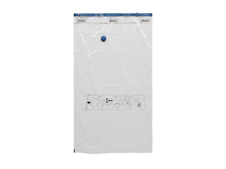 Sac de rangement sous vide avec bouchon bleu et instructions d'utilisation.